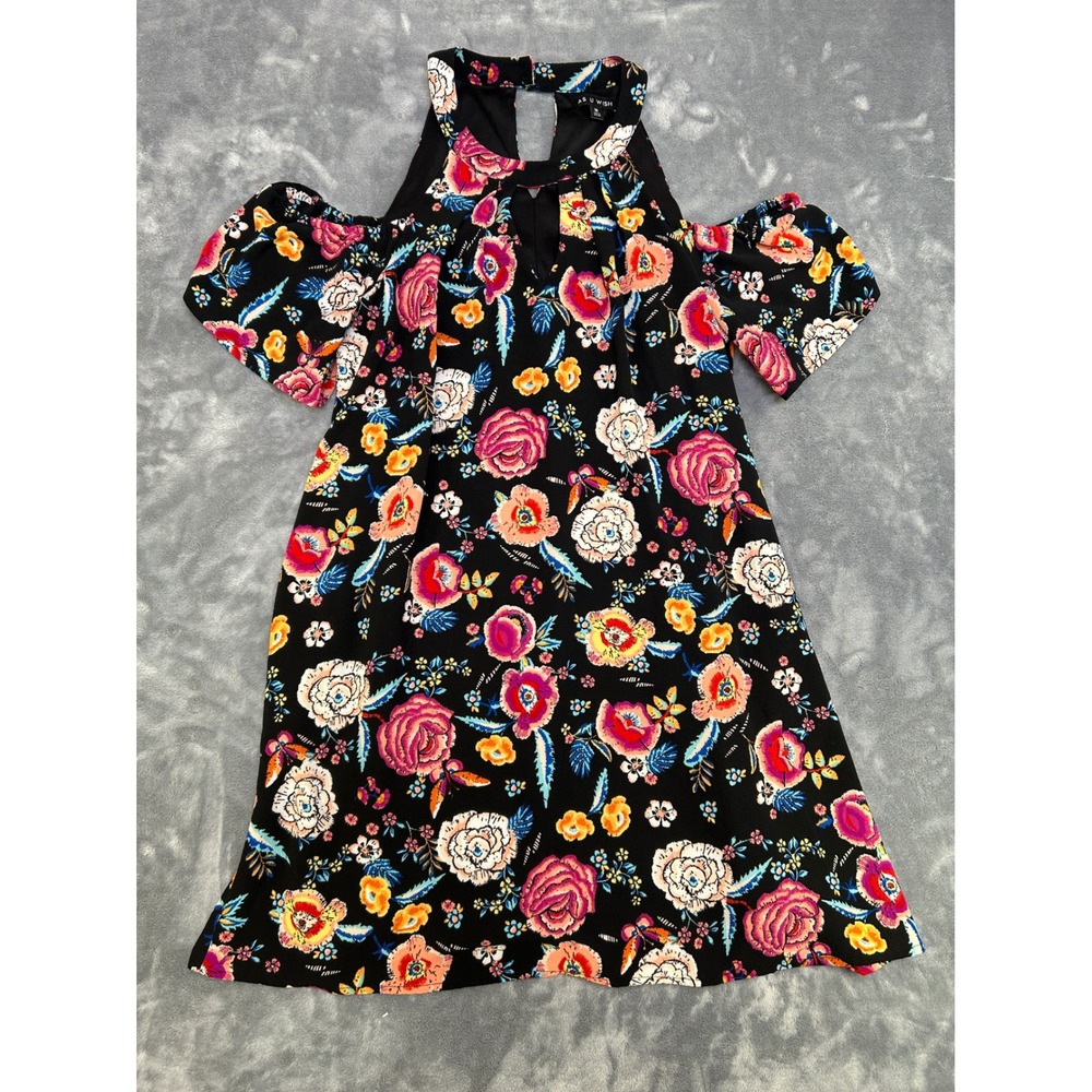 As U Wish Floral Cold Shoulder Dress Black Multi Color Halter Neck Mini Medium